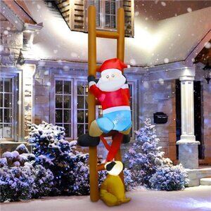 8 FT Christmas Inflatable Decor, Blow Up Santa Claus on Ladder with Puppy Dog